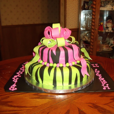 Hot Pink And Lime Green Zebra Striped Cake