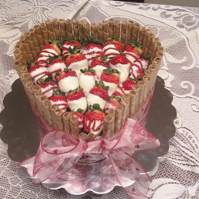 Heart Shaped Cake Covered In Choc. Strawberries