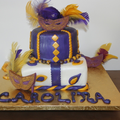 I Made This Cake For My Cousin Who Turned 15 Her Theme Was A Masquerade Purple And Gold Masks Made From Candy Melt And Cake Is Fondant