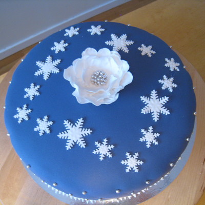 Winter Cake With Fantasy Flower And Snowflakes