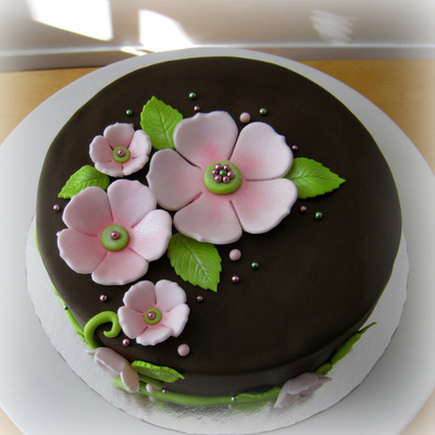 Pink Flowers On Brown Cake