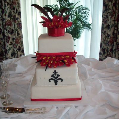 Square White, Black Red Wedding Cake