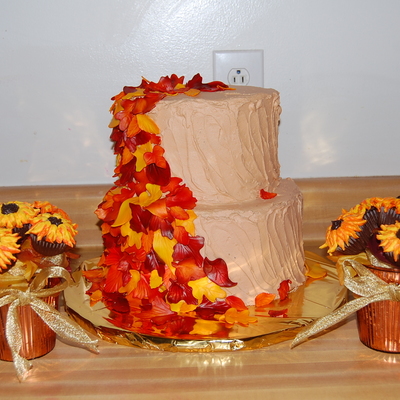 Fall Leaves Cake W/ Sunflower Mini Cupcake Bouquets