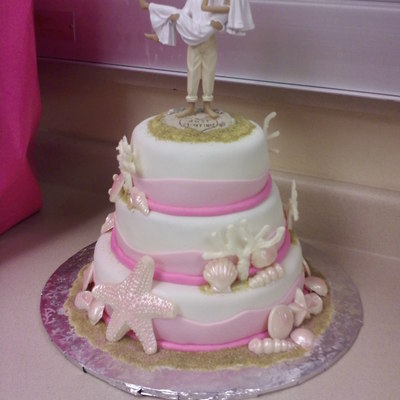 Pink And White Beach Themed Cake
