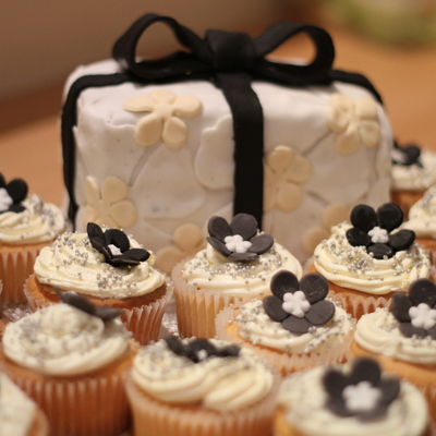 Black And White Birthday Cake And Cupcakes