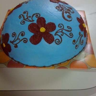 Blue Buttercream With Burgandy Flowers And Brown Scrolls