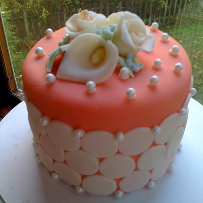 Birthday Cake With Fondant Flowers And Pearls.