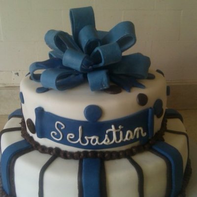 Blue, Brown And White Baby Shower Cake