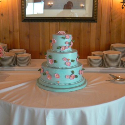 Blue Cake With Pink Anemones