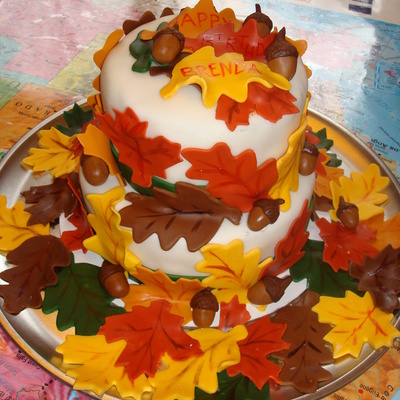 Fall Birthday Cake With Leaves & Acorns.