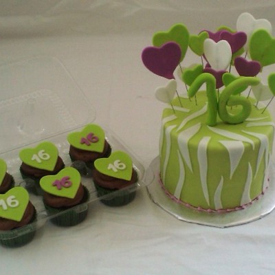 Zebra & Heart Cake And Cupcakes