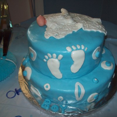 Blanket Covered Baby Boy Footprints Cake