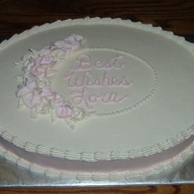 Oval Bridal Shower Cake With Rose Framed Script.