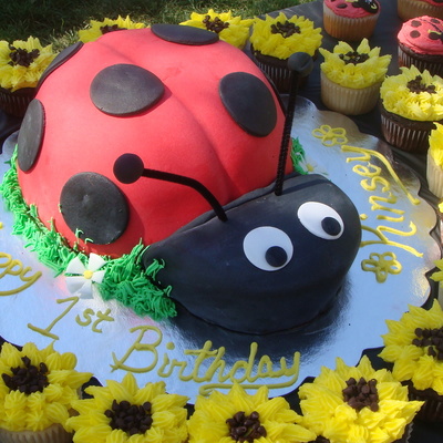 Ladybug Cake With Sunflower And Ladybug Cupcakes