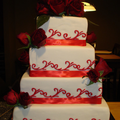 Red Theme - Square Cake With Scroll Pattern And Red Roses