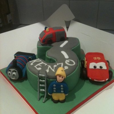Number 3 Cake With Fireman Sam, Lightening Mcqueen And Thomas The Tank