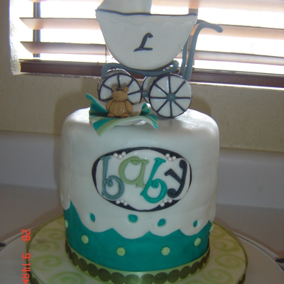 Stroller And Teal Baby Shower Cake