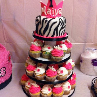 Hot Pink And Black Zebra Cake And Cupcake Tower