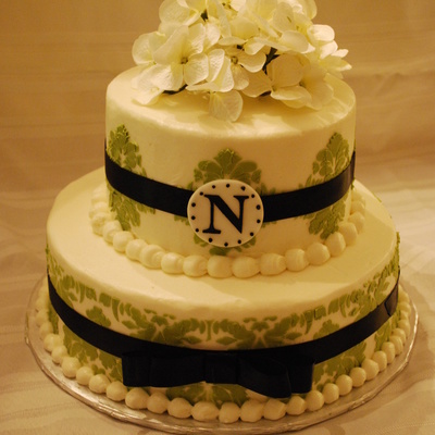 Green And White Damask Wedding Cake