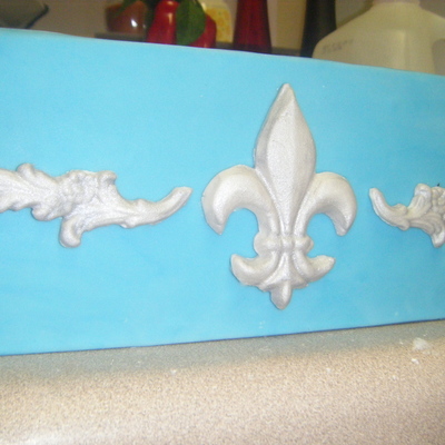 Parisian Blue Fondant Square Cake With Fleur De Lis And Scrolls In Shimmery Silver