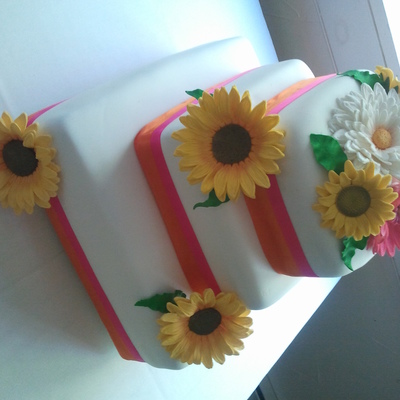 Gerbera Daisies And Sunflower Wedding Cake