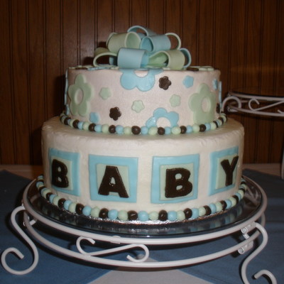 Blue, Green And Brown Baby Shower Cake