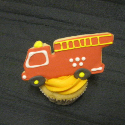 Fire Truck Cookies On Cupcakes