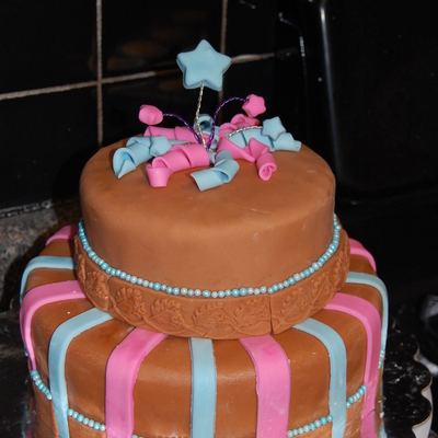 Brown/pink/blue Birthday Cake