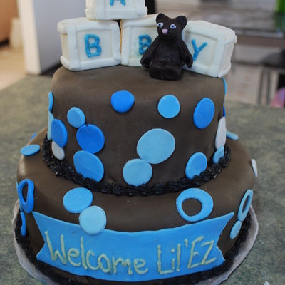 Brown And Blue Baby Shower Cake