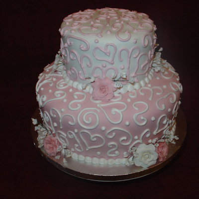 Pink & White Scroll Design Baby Shower Cake