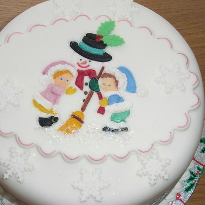 Snowman And Children Christmas Cake