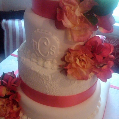 White And Coral Wedding Cake
