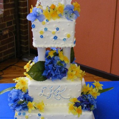 Square Yellow & Blue Wedding Cake