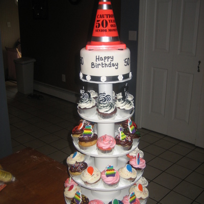 50Th Birthday Cupcake Tower With Top Tier Fondant Cake