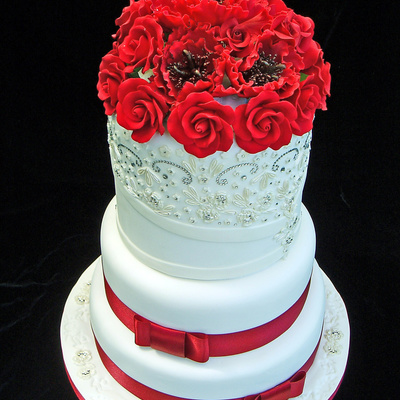 Red Roses And Peonies Wedding Cake