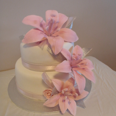 Pink Lilies Wedding Cake