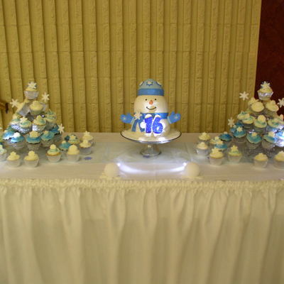 Full Display Of Sweet 16 Winter Wonderland Cake/cupcakes