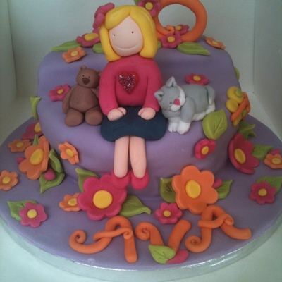 Little Girls Bright Flowers Cat And Teddy Birthday Cake
