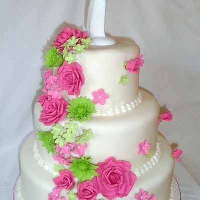 Hot Pink And Lime Green Cascading Flowers Wedding Cake