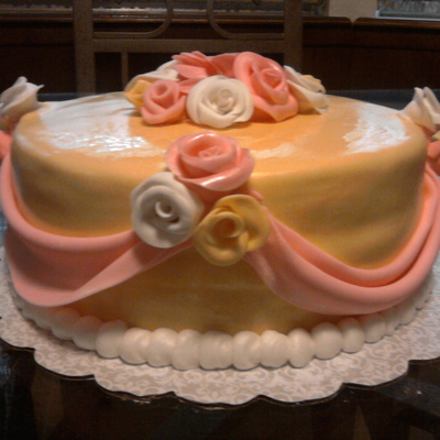 Fondant Yellow Cake With Swag And Pink, White, Yellow Roses