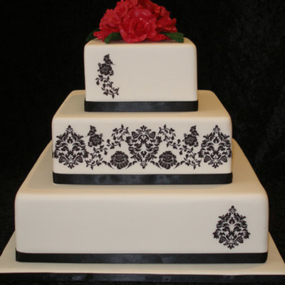 Three Tier Black And White Damask Wedding Cake With Roses
