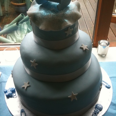 Baby Shower Bluethree Tier Cake With Cradle