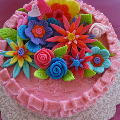 Bright Flowers And Butterfly Birthday Cake
