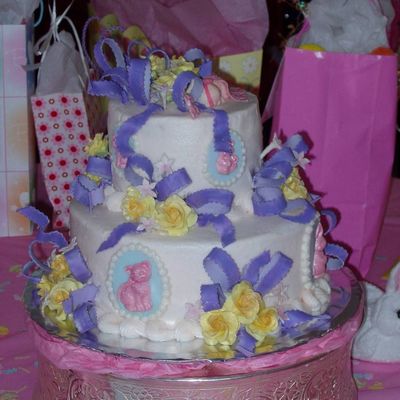 Pink Baby Shower Cake With Bunny, Teddy, & Kitten Plaques & Sleeping Baby Topper