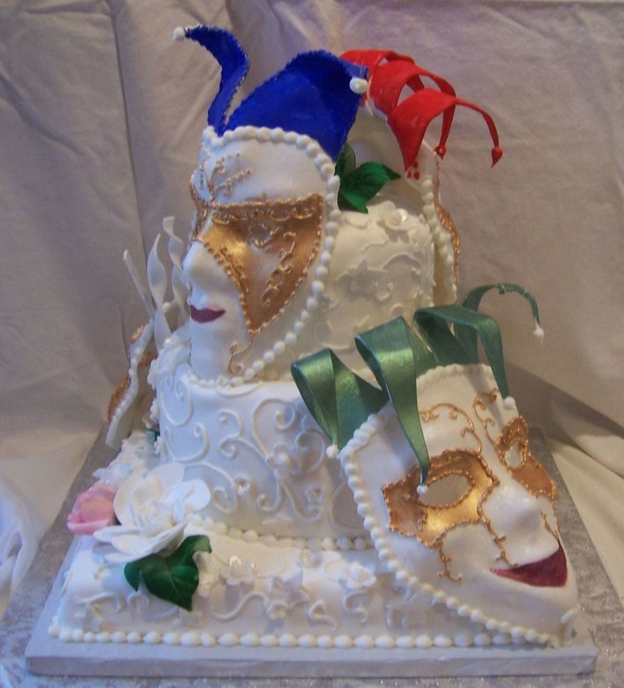 Mardi Gras Cake With Gumpaste Masks, Gumpaste Flowers, Royal Icing Trellis Work