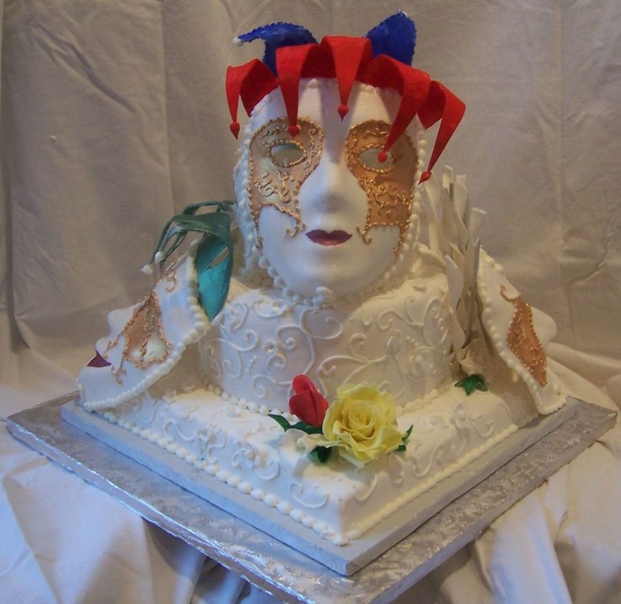 Mardi Gras Cake With Gumpaste Masks, Gumpaste Flowers, Royal Icing Trellis Work