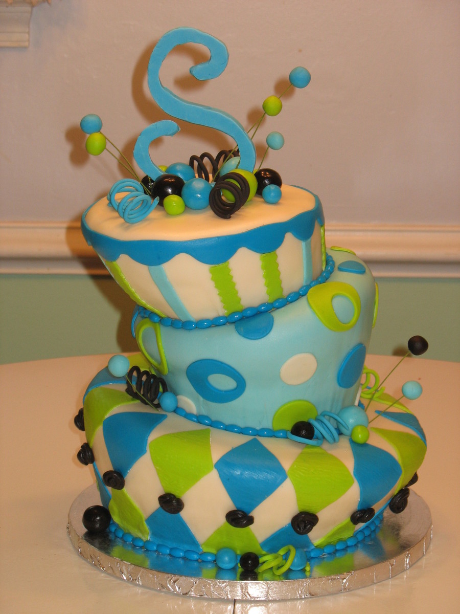 Topsy Turvy Blue And Green Cake - CakeCentral.com