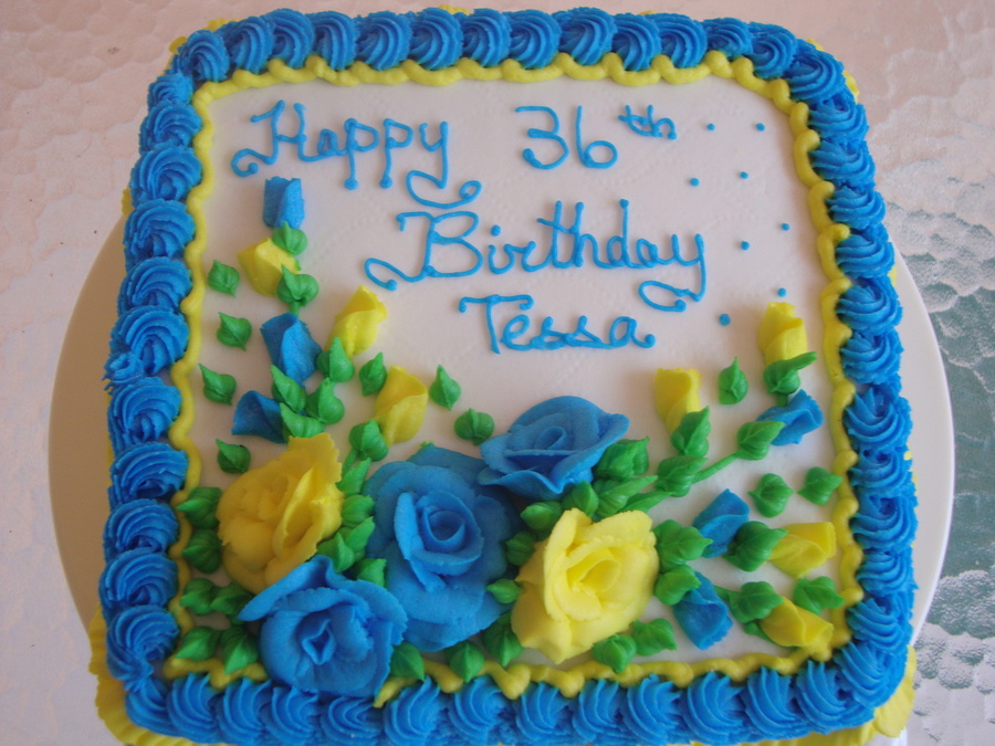 Blue And Yellow Roses Birthday Cake