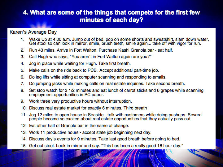  />

(Above was written by John Ellis over 10 years ago to poke a little fun at my ridiculous lack of margin in my life)

First of all let me explain!!!!!!!  Yes this is silly but the problem with it, besides being silly, it is how my friends saw me, with slight exaggeration mind you but this in essence was me.   Which is why many of my friends wondered how in the world that sweet turtle man could handle this 4 foot 9 crazy!!! A life of busy, busy, busy!!!! A life of doing, going, going, gone and NEXT!!!! A life of pushing, pulling, doing, lots and lots of doing. But short on the just BEING  side.

So let me give you a little background on why this slide and why it outlined my sched...