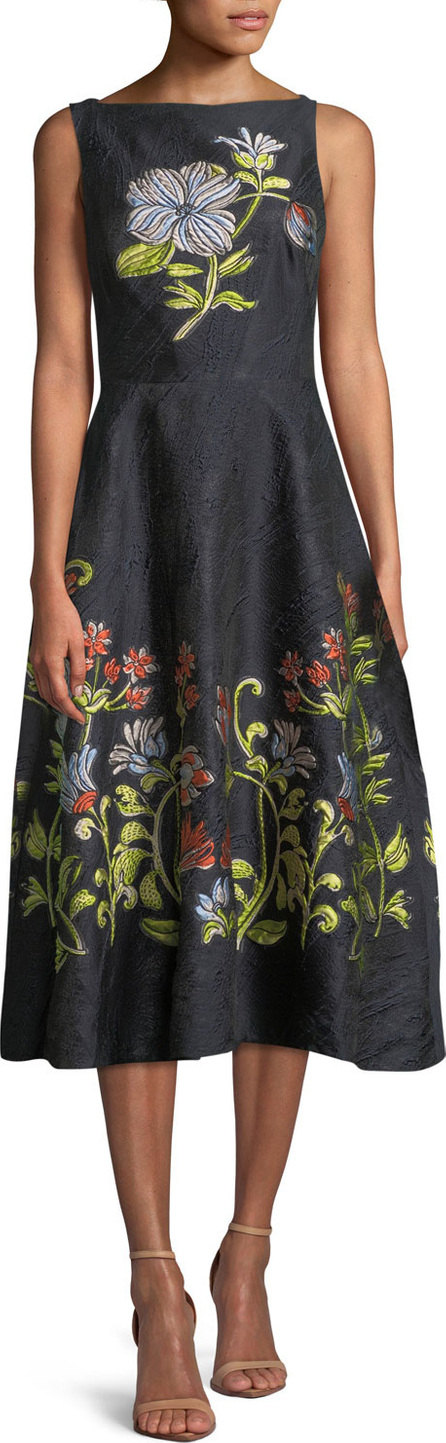 Lela Rose Sleeveless Boat-Neck Floral 